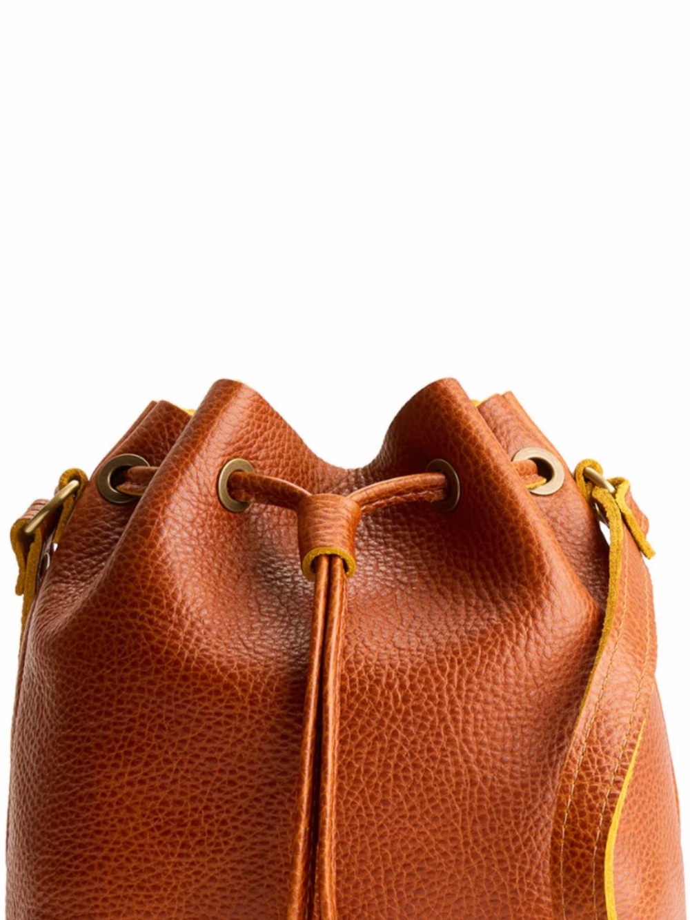 Pebbled Leather Drawstring Bucket Crossbody Bag in Cognac Brown